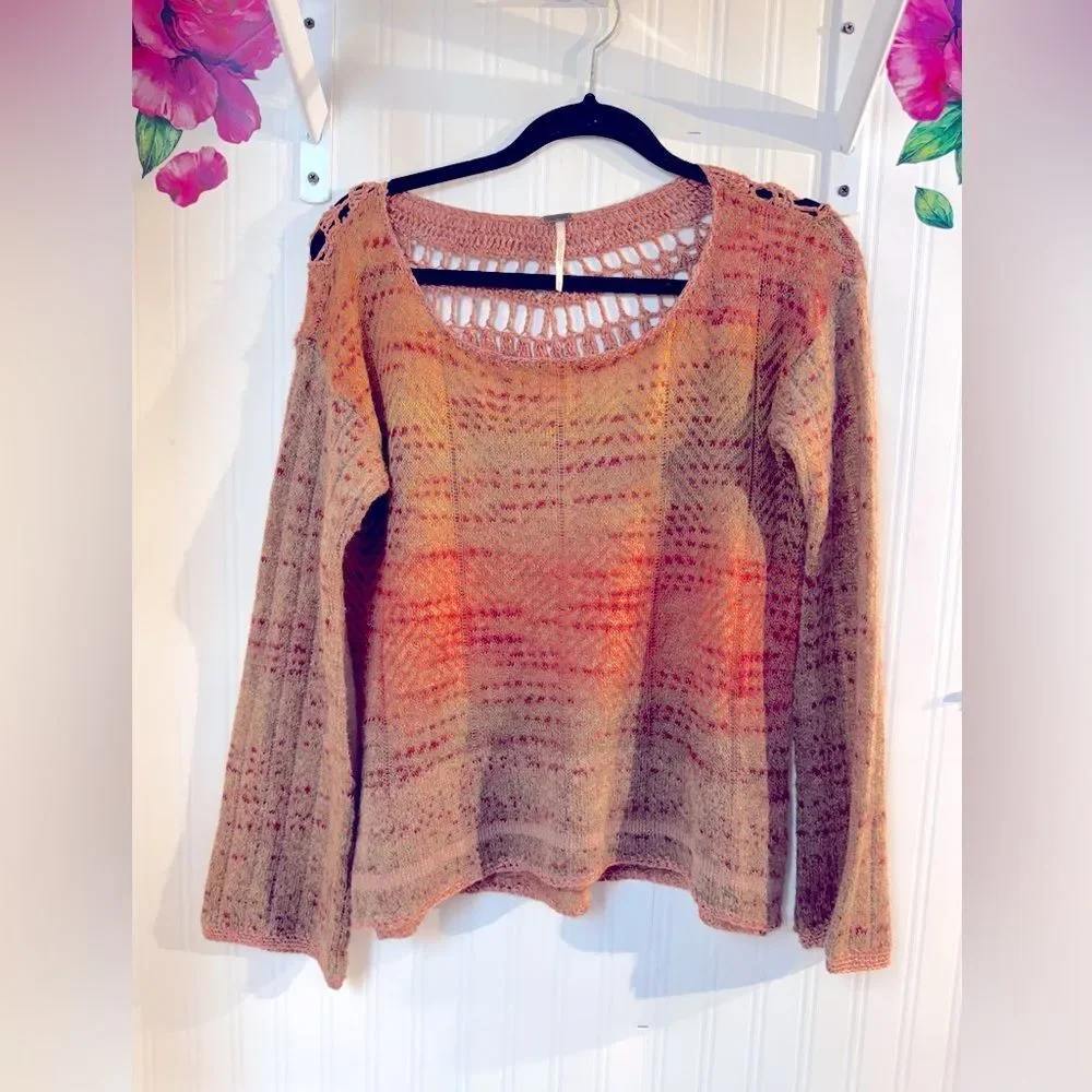 Free People Sweater Multicolor‎ Mohair Blend Crochet Back Bell Sleeve Sz S